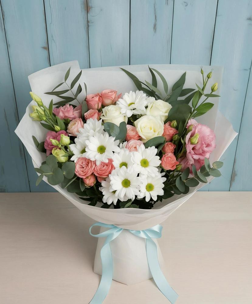Букет цветов из: Розы, Лизиантусы и Хризантемы в Балахоновском
