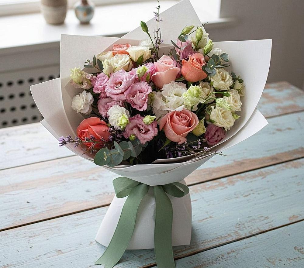 Букет цветов из: Розы, Лизиантусы и Гвоздики в Балахоновском