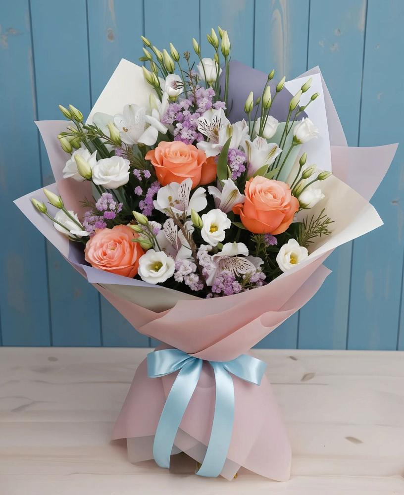 Букет цветов из: Лизиантусы, Розы, Альстромерии и Гипсофила в Балахоновском