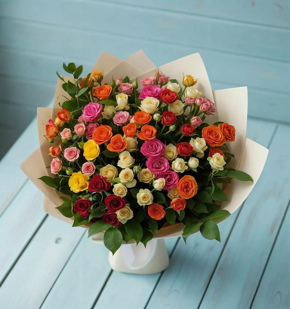 Букет Микс из разноцветных кустовых роз в Балахоновском