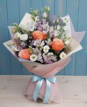 Букет цветов из:  Лизиантусы, Розы, Альстромерии и Гипсофила в Балахоновском