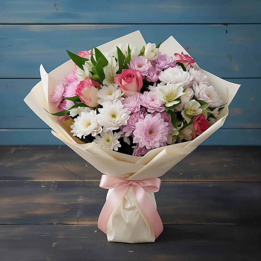 Букет цветов из: Хризантемы, Альстромерии и Розы в Балахоновском